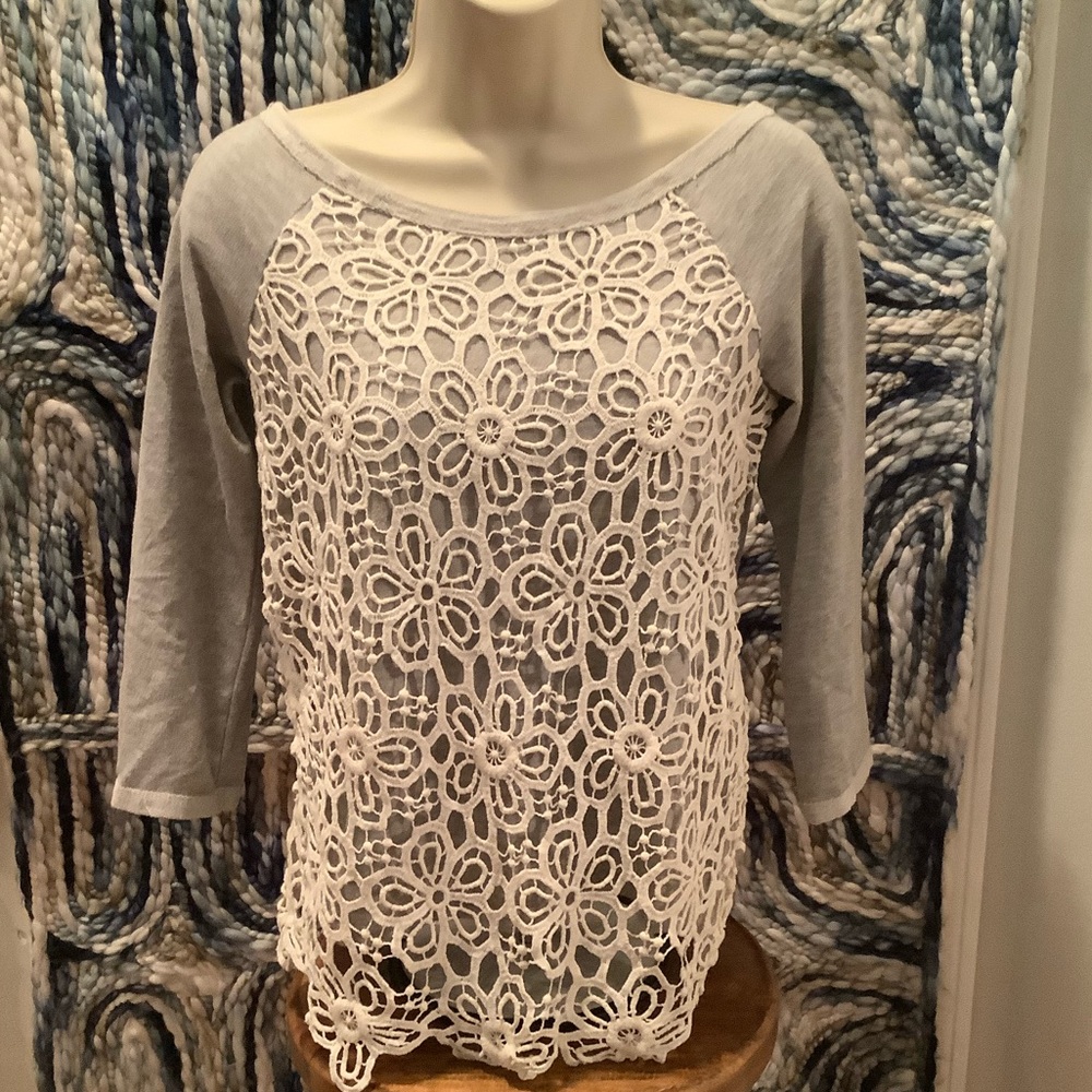 Boutique macrame crochet lace raglan sweatshirt